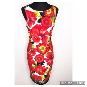 Cache red white black tropical floral sleeveless dress size 4